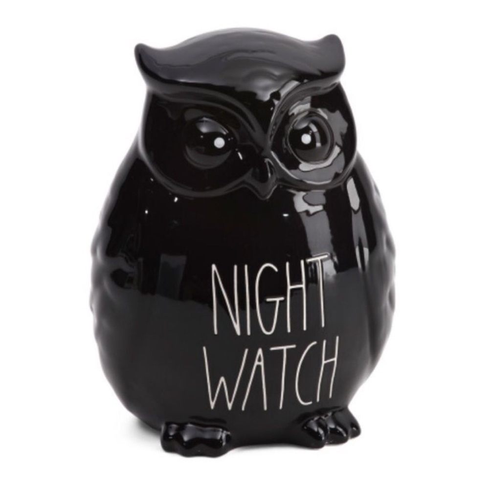 RAE DUNN Ceramic Black Owl Figurine with 'Night Watch' Text Fall Halloween
